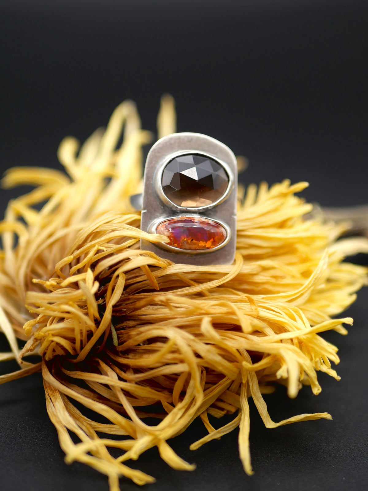 Double Stone Ring - Size 6.5 - Smoky Quartz + Mexican Fire Opal