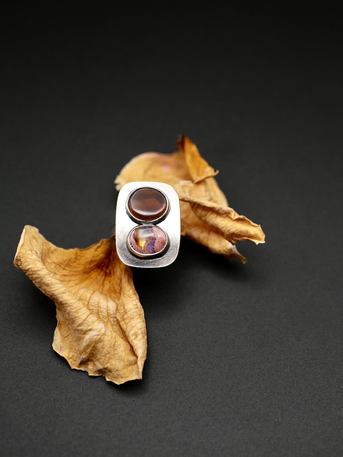 Double Stone Ring - Size 7.75 - Fire Agate + Mexican Opal