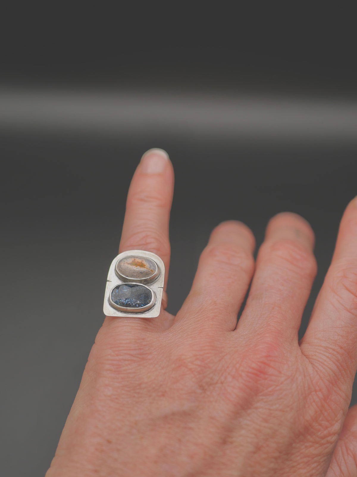 Double Stone Ring - Size 5 - Kyanite + Mexican Fire Opal