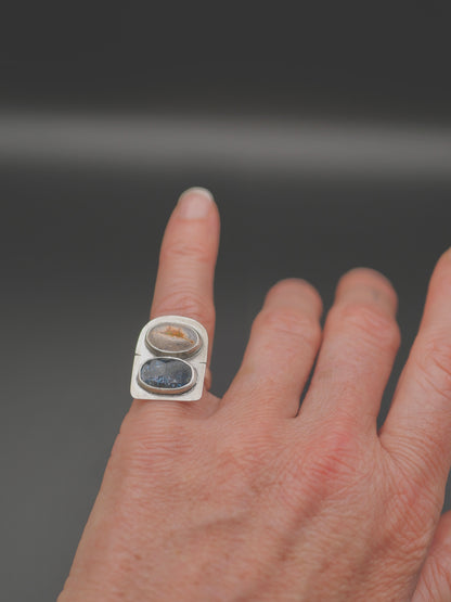 Double Stone Ring - Size 5 - Kyanite + Mexican Fire Opal