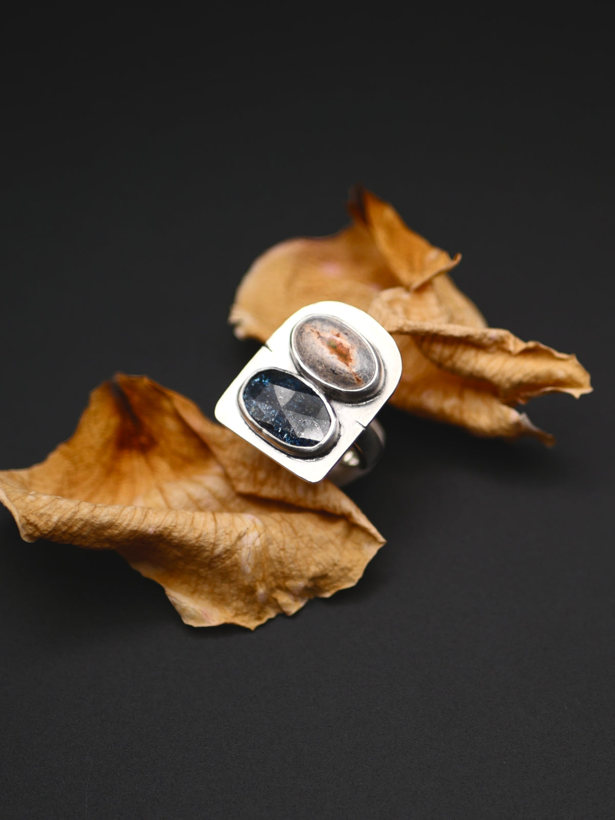 Double Stone Ring - Size 5 - Kyanite + Mexican Fire Opal