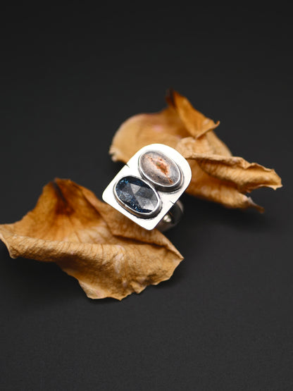 Double Stone Ring - Size 5 - Kyanite + Mexican Fire Opal