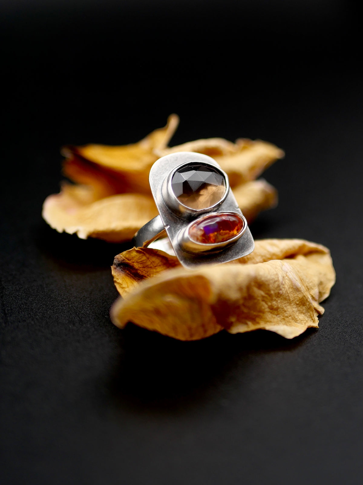 Double Stone Ring - Size 6.5 - Smoky Quartz + Mexican Fire Opal