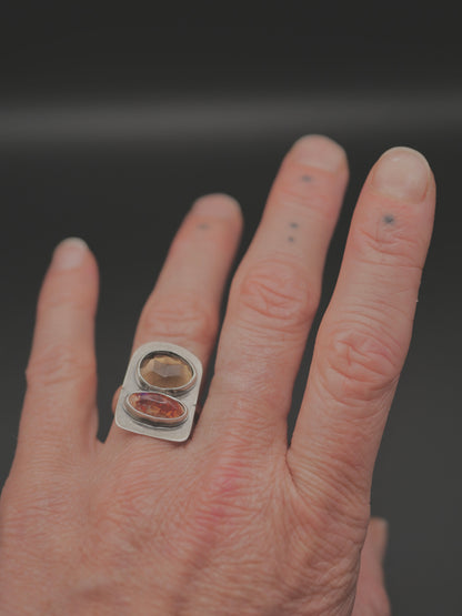 Double Stone Ring - Size 6.5 - Smoky Quartz + Mexican Fire Opal