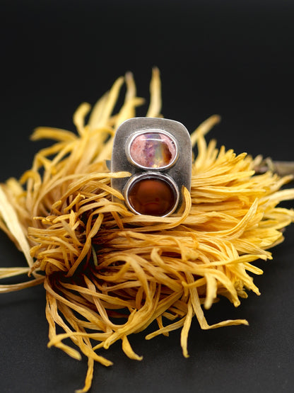 Double Stone Ring - Size 7.75 - Fire Agate + Mexican Opal