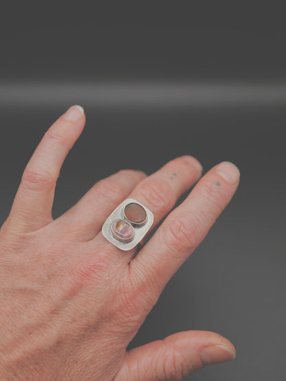 Double Stone Ring - Size 7.75 - Fire Agate + Mexican Opal